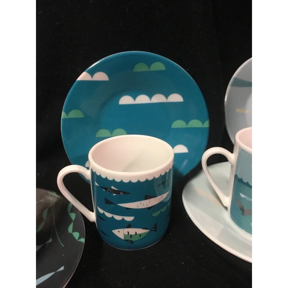 MAGPIE AHOY DESIGN, SET OF FOUR ESPRESSO NAUTICAL CUPS AND SAUCERS Teal
